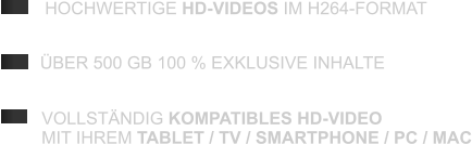 ÜBER 500 GB 100 % EXKLUSIVE INHALTE VOLLSTÄNDIG KOMPATIBLES HD-VIDEO MIT IHREM TABLET / TV / SMARTPHONE / PC / MAC  HOCHWERTIGE HD-VIDEOS IM H264-FORMAT
